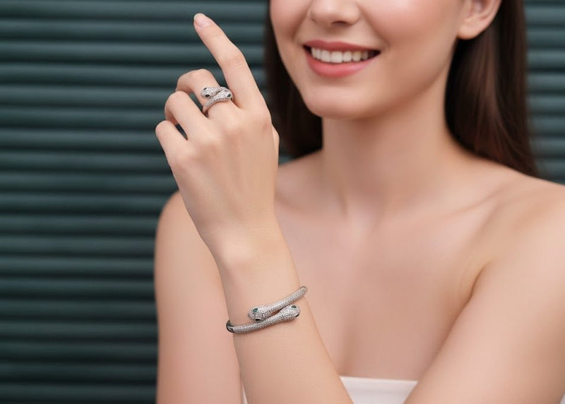 Emerald-Eye Snake Bangle & Ring Set