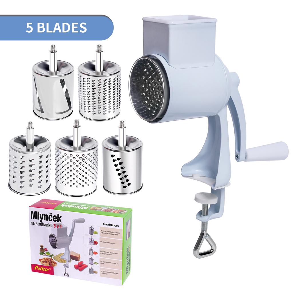5-in-1 manual rotary drum grater with interchangeable blades