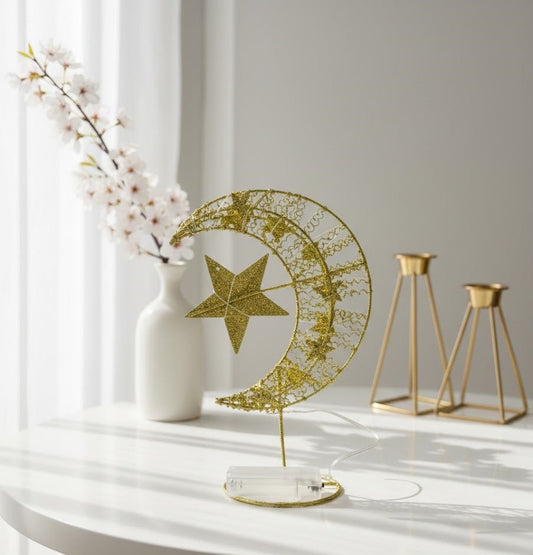 Gold Crescent Moon & Star LED Table Decor Light