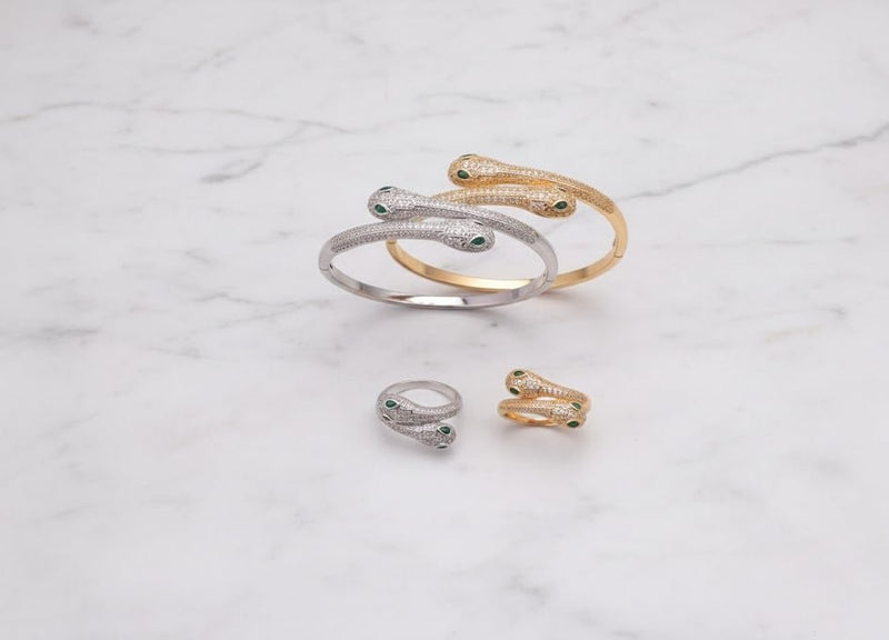 Emerald-Eye Snake Bangle & Ring Set